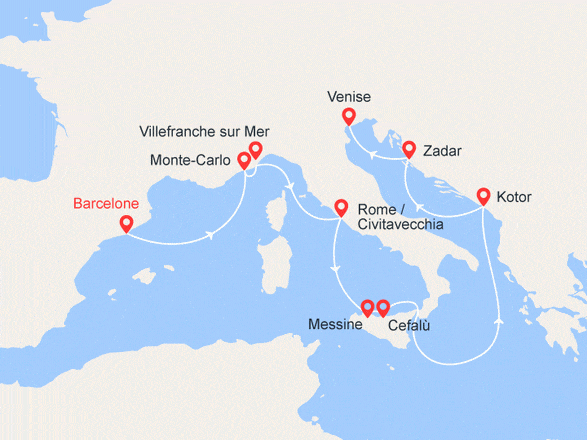 itinéraire croisière Méditerranée : Espagne, Monaco, Italie, Grèce, Monténégro, Croatie
