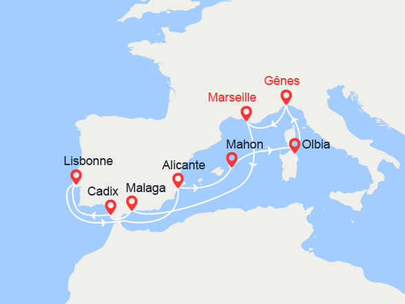 itinéraire croisière Méditerranée : Espagne, Portugal, Minorque, Italie