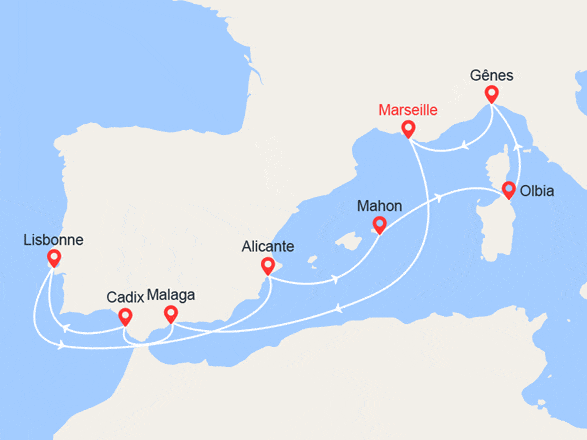 itinéraire croisière Méditerranée : Espagne, Portugal, Minorque, Italie