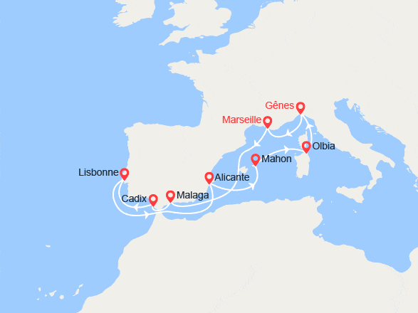 itinéraire croisière Méditerranée Occidentale : Espagne, Portugal, Minorque, Sardaigne