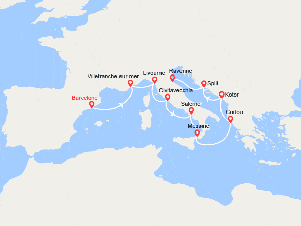 itin&eacute;raire croisi&egrave;re Méditerranée Orientale : Espagne, Provence, Italie, îles Grecques, Monténégro, Croatie 