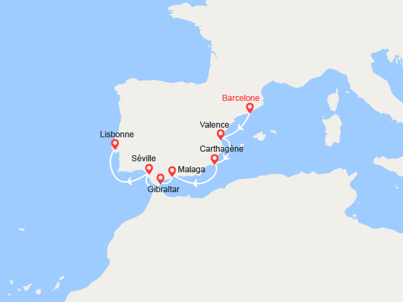 itin&eacute;raire croisi&egrave;re Méditerranée Occidentale : Espagne, Royaume-Uni, Portugal 