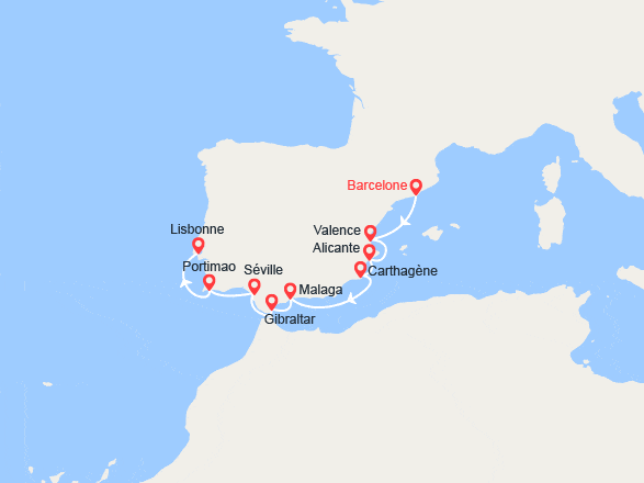 itinéraire croisière Méditerranée Occidentale : Espagne, Royaume-Uni, Portugal