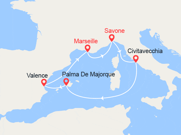 itin&eacute;raire croisi&egrave;re Méditerranée Occidentale : Espagne, Sardaigne, Sicile, Italie 
