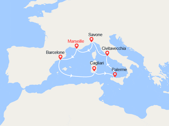 itin&eacute;raire croisi&egrave;re Méditerranée Occidentale : Espagne, Sardaigne, Sicile, Italie 