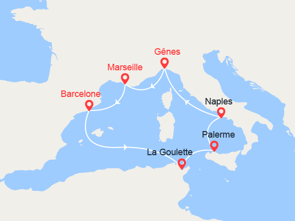 itinéraire croisière Méditerranée : Espagne, Tunisie, Italie