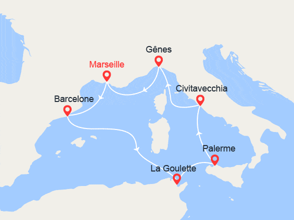 itinéraire croisière Méditerranée Occidentale : Espagne, Tunisie, Italie