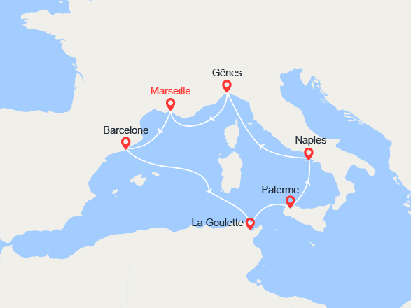 itinéraire croisière Méditerranée Occidentale : Espagne, Tunisie, Italie