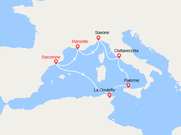 itinéraire croisière Méditerranée Occidentale : Espagne, Tunisie, Italie