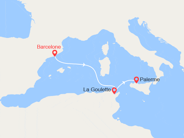 itin&eacute;raire croisi&egrave;re Méditerranée Occidentale : Espagne, Tunisie, Italie 