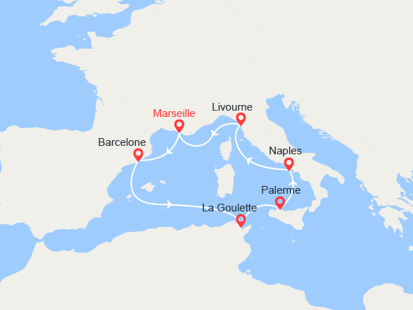 itinéraire croisière Méditerranée Occidentale : Espagne, Tunisie, Sicile, Italie