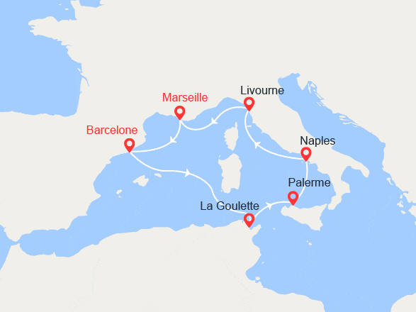 itinéraire croisière Méditerranée Occidentale : Espagne, Tunisie, Sicile, Italie