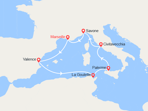 itinéraire croisière Méditerranée Occidentale : Espagne, Tunisie, Sicile, Italie