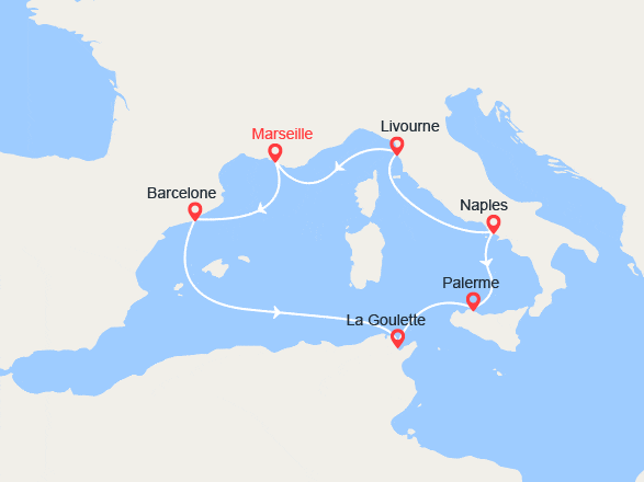 itin&eacute;raire croisi&egrave;re Méditerranée Occidentale : Espagne, Tunisie, Sicile, Italie, France 