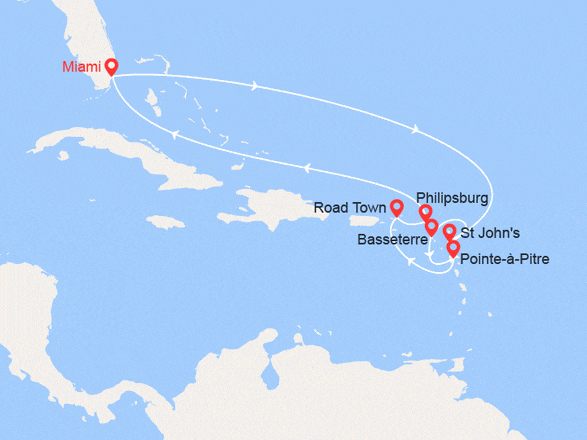 itinéraire croisière Caraïbes et Antilles : Etats-Unis, Antigua & Barbuda, Saint Kitts et Nevis, Guadeloupe, Iles Vierges (Anglaises), St. Maarten