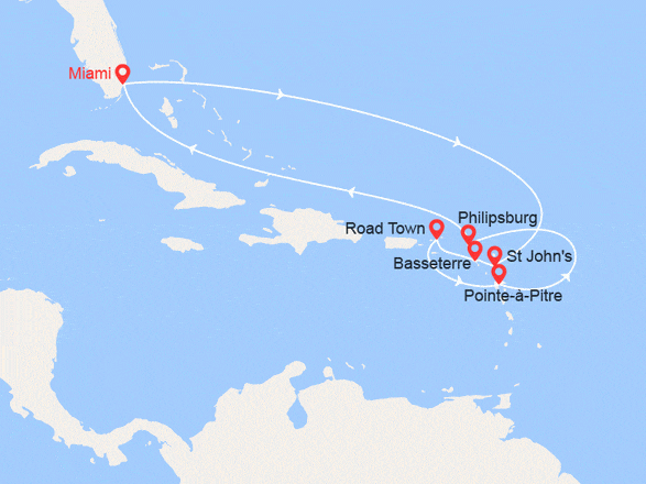 itinéraire croisière Caraïbes et Antilles : Etats-Unis, Antigua & Barbuda, Saint Kitts et Nevis, Iles Vierges, St. Martin, Bahamas