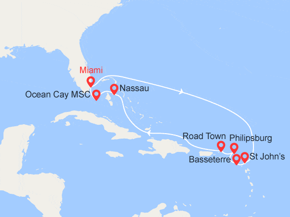 itinéraire croisière Caraïbes et Antilles : Etats-Unis, Antigua & Barbuda, Saint Kitts et Nevis, St. Martin, Iles Vierges, Bahamas