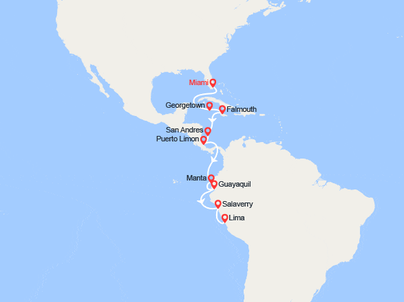 itin&eacute;raire croisi&egrave;re Méditerranée Orientale : États-Unis, Bahamas, Jamaïque, Colombie, Costa Rica, Équateur, Pérou 