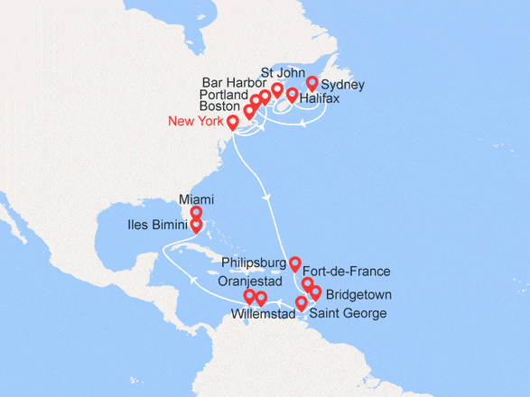 itinéraire croisière Amérique du Nord : Etats-Unis, Canada, St. Maarten, Martinique, Barbades, Grenade, Aruba, Bahamas