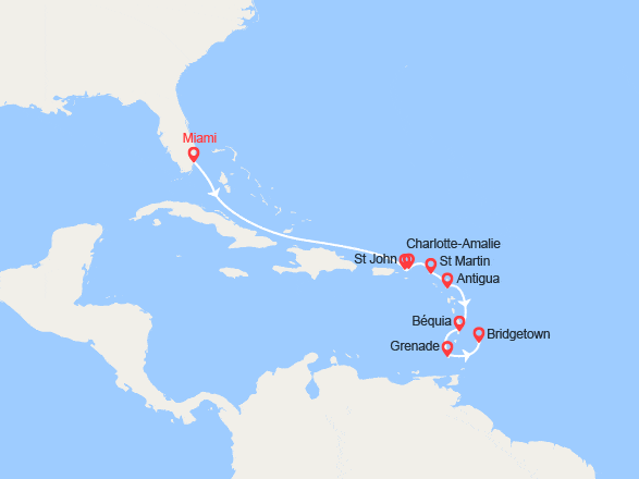 itinéraire croisière Caraïbes et Antilles : États-Unis, Canada, St Thomas, St Martin, Antigua et Barbuda, Martinique, Grenade...