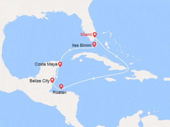 itinéraire croisière Caraïbes et Antilles : Etats-Unis, Honduras, Belize, Mexique, Bahamas