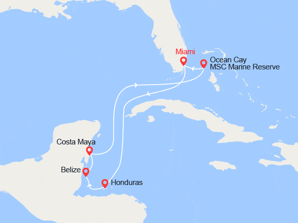 itinéraire croisière Caraïbes et Antilles : Etats-Unis, Honduras, Belize, Mexique, Bahamas