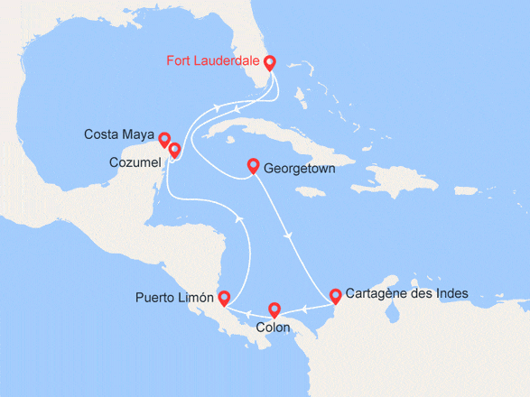 itinéraire croisière Caraïbes et Antilles : Etats-Unis, Iles Caïmans, Colombie, Panama, Costa Rica et Mexique