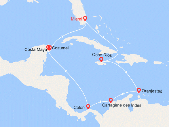 itinéraire croisière Caraïbes et Antilles : Etats-Unis, Jamaïque, Aruba, Colombie, Panama, Mexique, Bahamas
