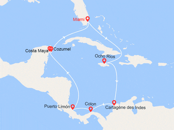 itinéraire croisière Caraïbes et Antilles : Etats-Unis, Jamaïque, Colombie, Panama, Costa Rica, Mexique