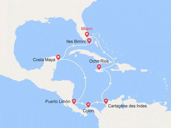 itinéraire croisière Caraïbes et Antilles : Etats-Unis, Jamaïque, Colombie, Panama, Costa Rica, Mexique, Bahamas