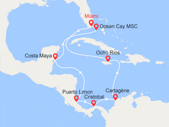 itinéraire croisière Caraïbes et Antilles : Etats-Unis, Jamaïque, Colombie, Panama, Costa Rica, Mexique, Bahamas