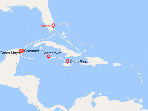itinéraire croisière Caraïbes et Antilles : Etats-Unis, Jamaïque, Iles Cayman, Mexique