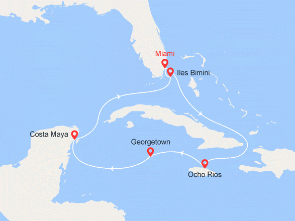 itinéraire croisière Caraïbes et Antilles : Etats-Unis, Jamaïque, Iles Cayman, Mexique, Bahamas