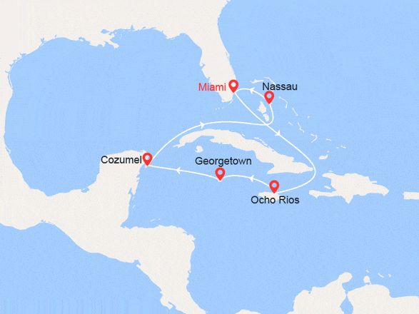 itinéraire croisière Caraïbes et Antilles : Etats-Unis, Jamaïque, Iles Cayman, Mexique, Bahamas
