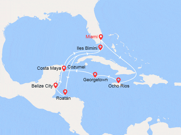 itinéraire croisière Caraïbes et Antilles : Etats-Unis, Jamaïque, Iles Cayman, Mexique, Bahamas, Honduras, Belize