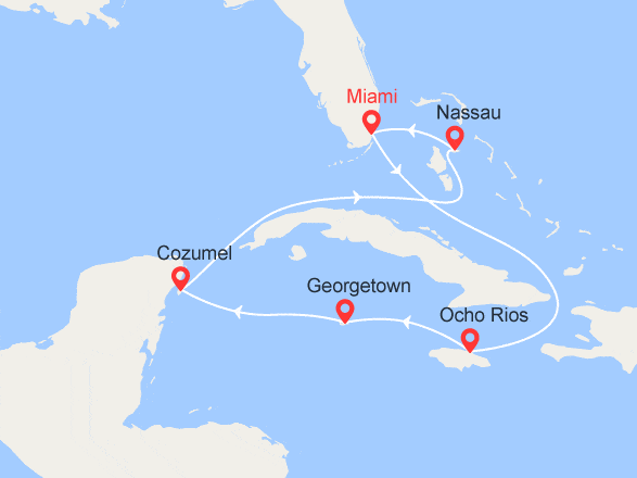 itinéraire croisière Caraïbes et Antilles : Etats-Unis, Jamaïque, Iles Caymans, Mexique, Bahamas
