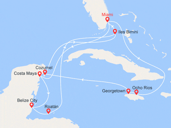 itinéraire croisière Caraïbes et Antilles : Etats-Unis, Mexique, Belize, Honduras, Bahamas, Jamaïque, Iles Cayman