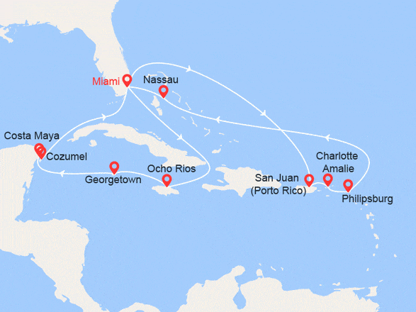 itinéraire croisière Caraïbes et Antilles : Etats-Unis, Porto Rico, Iles Vierges (Américaines), St. Maarten, Bahamas, Jamaïque, Iles Cayman, Mexique