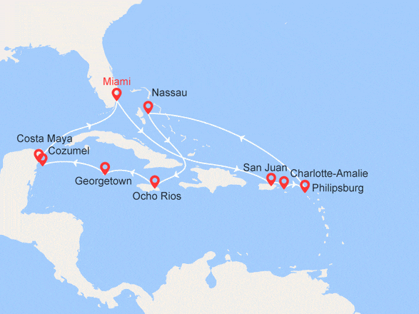 itinéraire croisière Caraïbes et Antilles : Etats-Unis, Porto Rico, Iles Vierges (Américaines), St. Maarten, Bahamas, Jamaïque, Iles Cayman, Mexique