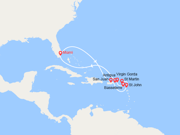 itinéraire croisière Caraïbes et Antilles : États-Unis, Porto Rico, îles Vierges, Antilles, Antigua et Barbuda, St Kitts et Nevis