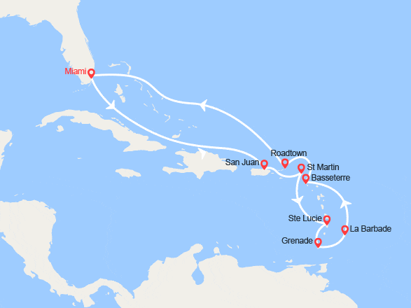 itinéraire croisière Caraïbes et Antilles : États-Unis, Porto Rico, îles Vierges, Antilles, Antigua et Barbuda, St Kitts et Nevis