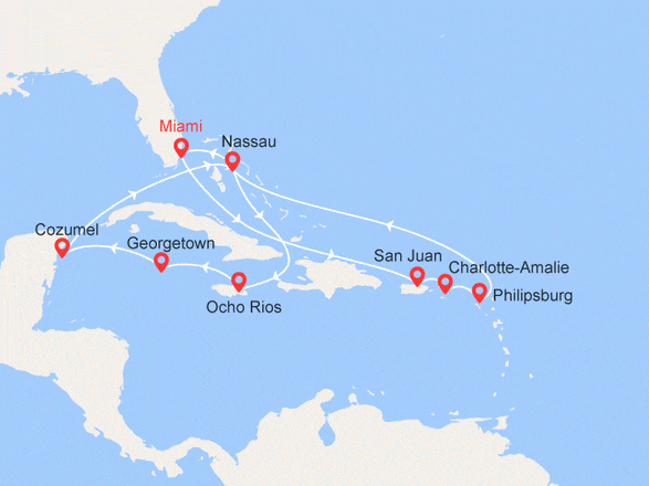 itinéraire croisière Caraïbes et Antilles : Etats-Unis, Porto Rico, Iles Vierges, Bahamas, Jamaïque, Iles Cayman, Mexique
