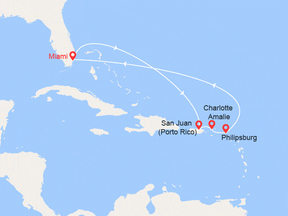 itinéraire croisière Caraïbes et Antilles : Etats-Unis, Porto Rico, Iles Vierges Américaines, St. Martin