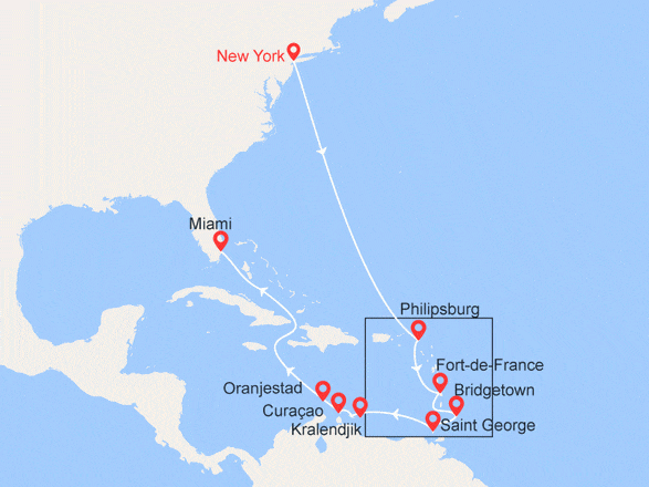itinéraire croisière Caraïbes et Antilles : Etats-Unis, St Martin, Martinique, La Barbade, Grenade, Aruba, Bahamas