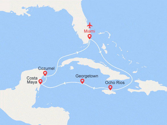 itinéraire croisière Caraïbes et Antilles : EXCLUSIVITÉ : Jamaïque, Iles Caïman, Mexique, Bahamas + Vols + Hôtel