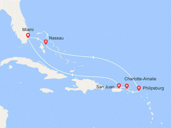 itinéraire croisière Caraïbes et Antilles : EXCLUSIVITÉ : Porto Rico, Iles Vierges, St. Martin, Bahamas + Vols + Hôtel