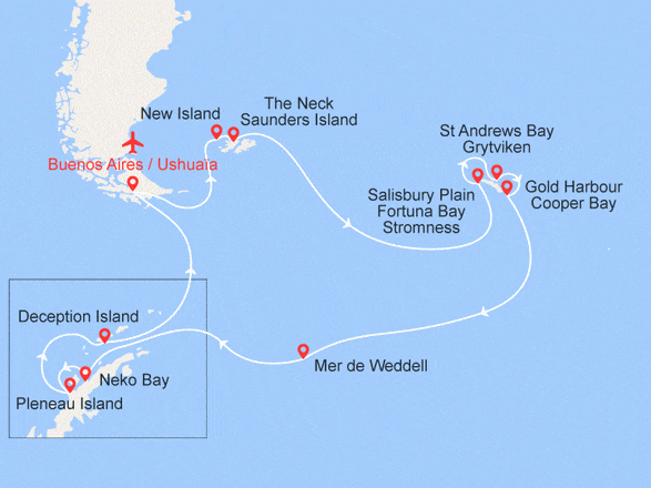 itinéraire croisière Groenland - Arctique - Antarctique : EXPÉDITION : Noël et Jour de l'An en Terres Australes (Vols domestiques inclus)