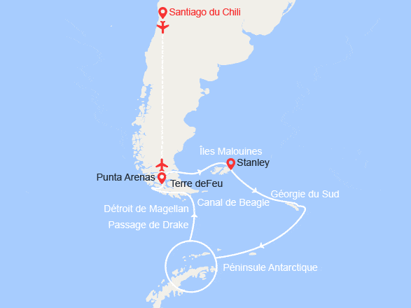 itinéraire croisière Groenland - Arctique - Antarctique : Expédition en Antarctique, aux îles Malouines et en Géorgie du Sud