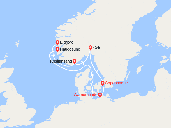 itinéraire croisière Fjords : Fjords : Haugesund, Eidfjord, Kristiansand, Oslo