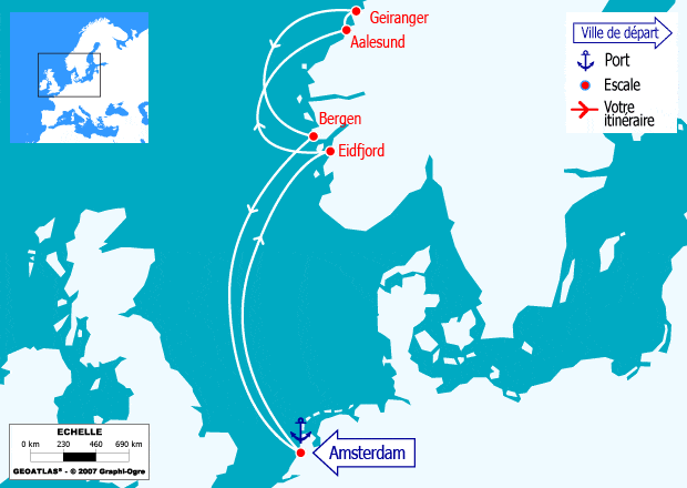 itinéraire croisière Fjords : Fjords - Légendes nordiques : Eidfjord, Alesund ou Molde, Geiranger, Bergen